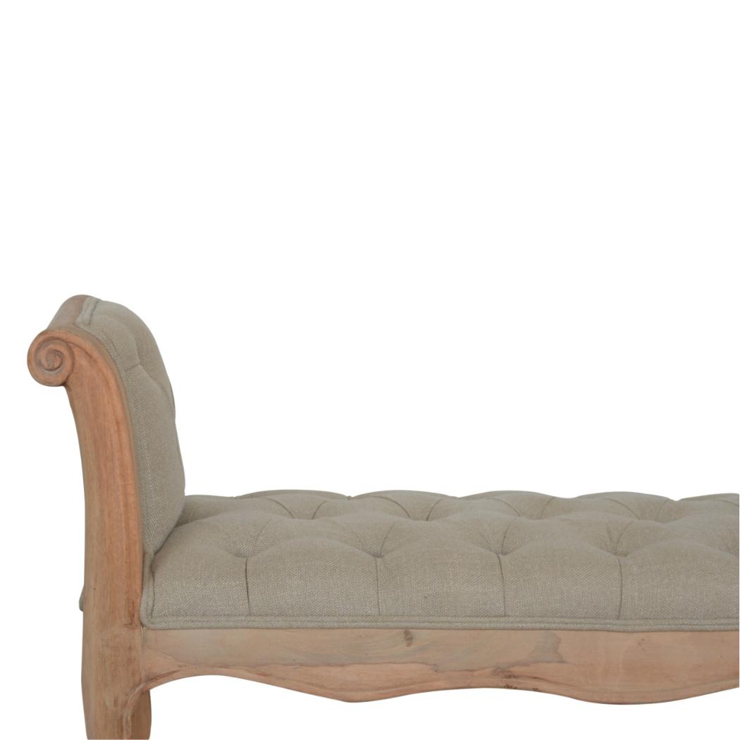 French Carved Bench | Mud Linen Upholstery | Solid Mango Wood Frame | Classic Seating