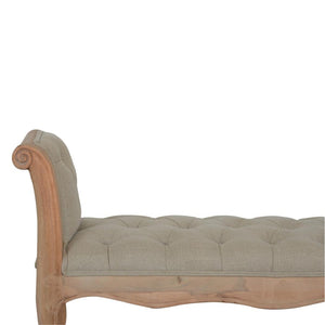 French Carved Bench | Mud Linen Upholstery | Solid Mango Wood Frame | Classic Seating