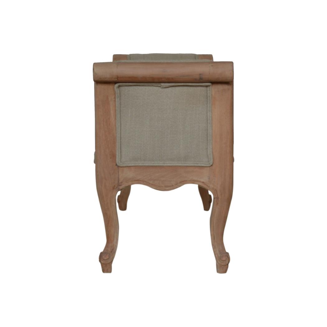 French Carved Bench | Mud Linen Upholstery | Solid Mango Wood Frame | Classic Seating