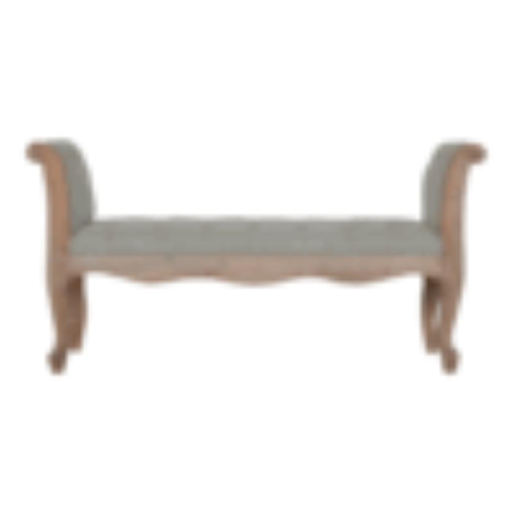 French Carved Bench | Mud Linen Upholstery | Solid Mango Wood Frame | Classic Seating