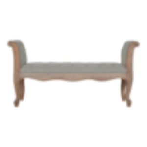 French Carved Bench | Mud Linen Upholstery | Solid Mango Wood Frame | Classic Seating