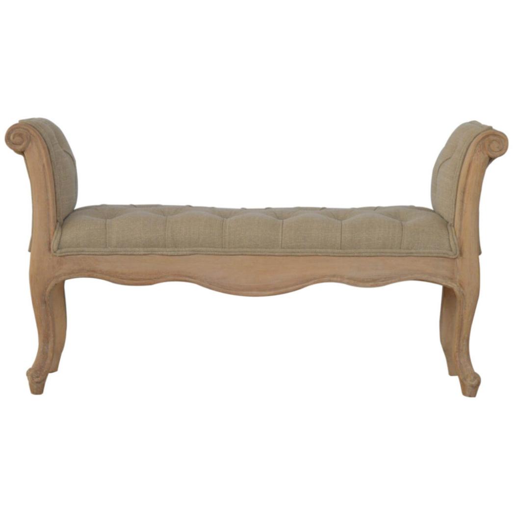 French Carved Bench | Mud Linen Upholstery | Solid Mango Wood Frame | Classic Seating