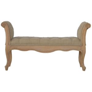 French Carved Bench | Mud Linen Upholstery | Solid Mango Wood Frame | Classic Seating