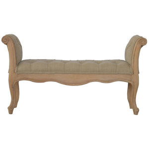 French Carved Bench | Mud Linen Upholstery | Solid Mango Wood Frame | Classic Seating