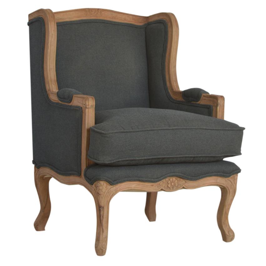 French Carved Linen Armchair | Ink Upholstery | Solid Mango Wood