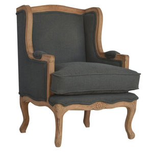 French Carved Linen Armchair | Ink Upholstery | Solid Mango Wood