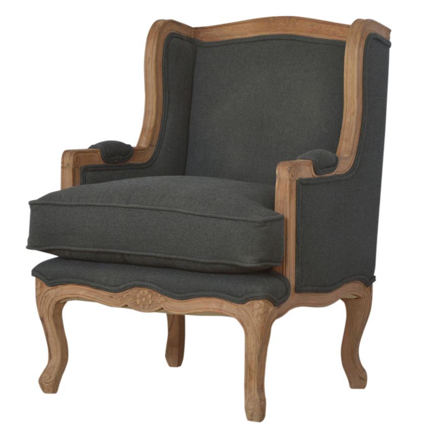 French Carved Linen Armchair | Ink Upholstery | Solid Mango Wood