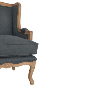 French Carved Linen Armchair | Ink Upholstery | Solid Mango Wood