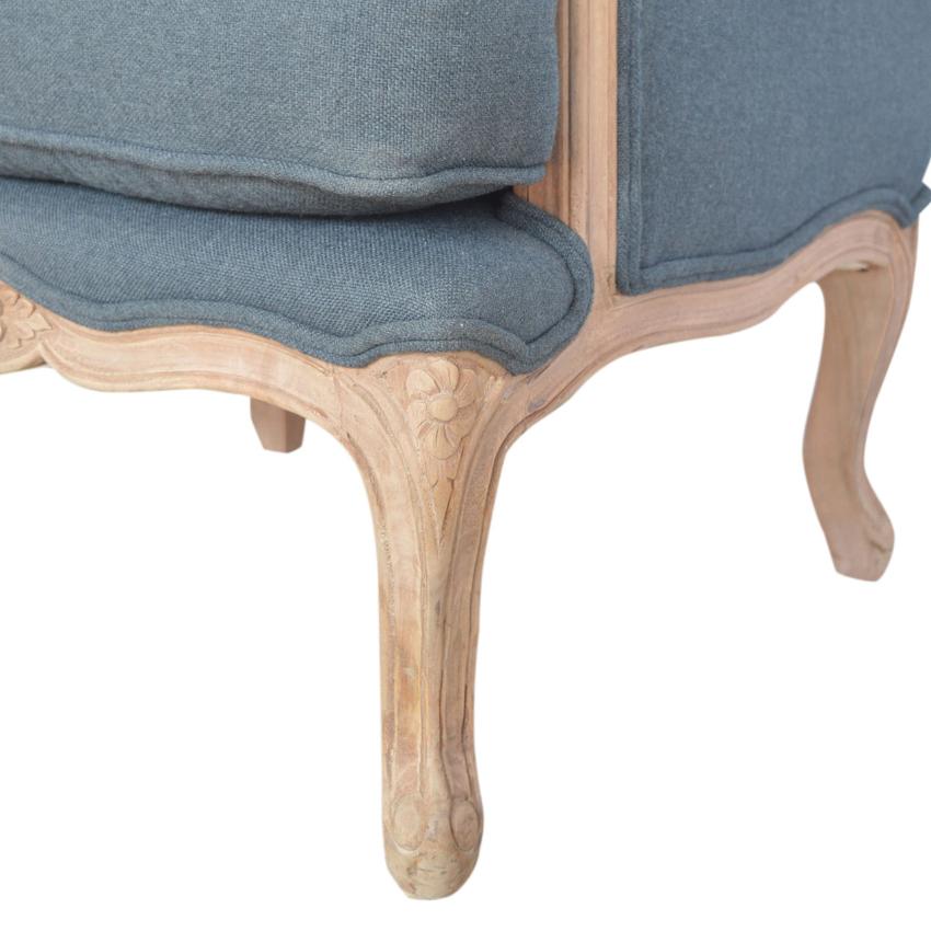 French Carved Linen Armchair | Ink Upholstery | Solid Mango Wood