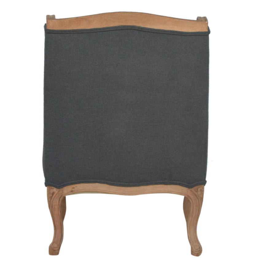 French Carved Linen Armchair | Ink Upholstery | Solid Mango Wood