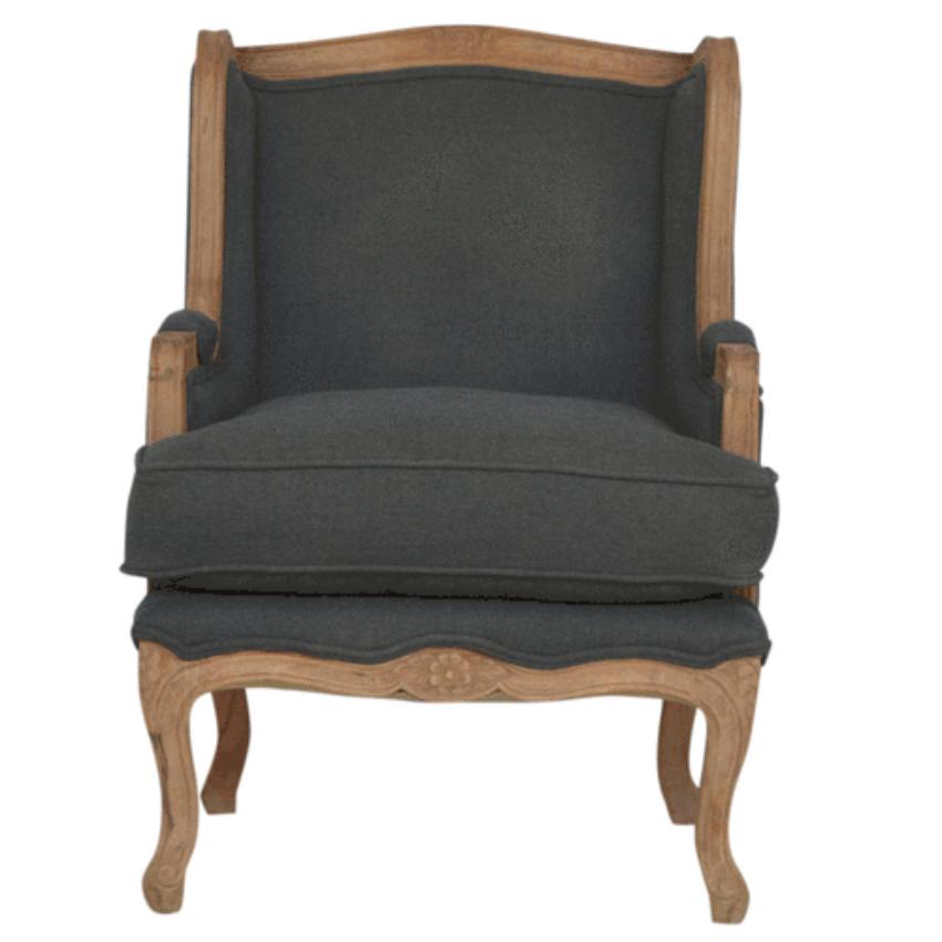 French Carved Linen Armchair | Ink Upholstery | Solid Mango Wood