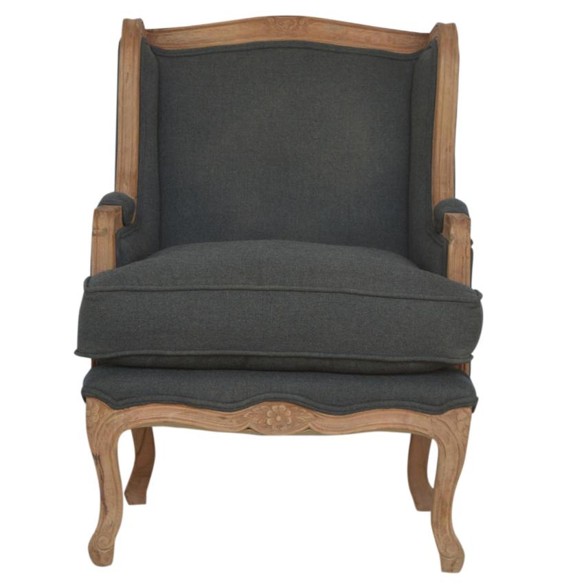 French Carved Linen Armchair | Ink Upholstery | Solid Mango Wood
