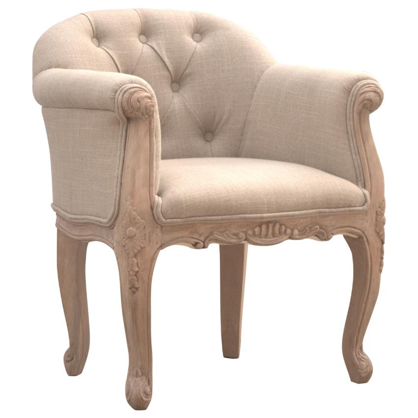 French Linen Accent Chair | Deep Button Tufting | Carved Mango Wood