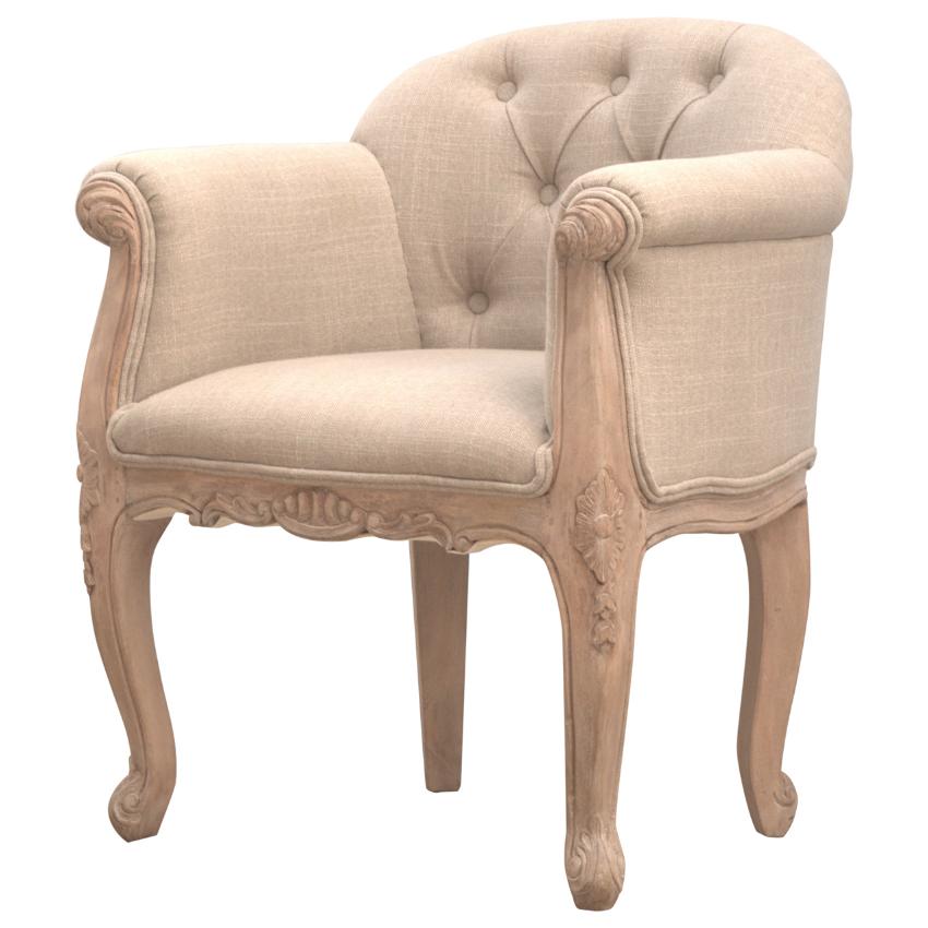 French Linen Accent Chair | Deep Button Tufting | Carved Mango Wood