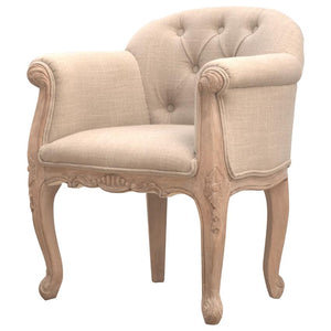 French Linen Accent Chair | Deep Button Tufting | Carved Mango Wood
