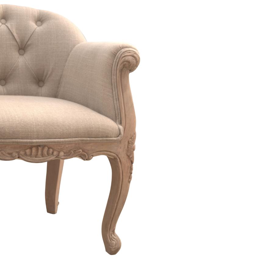 French Linen Accent Chair | Deep Button Tufting | Carved Mango Wood