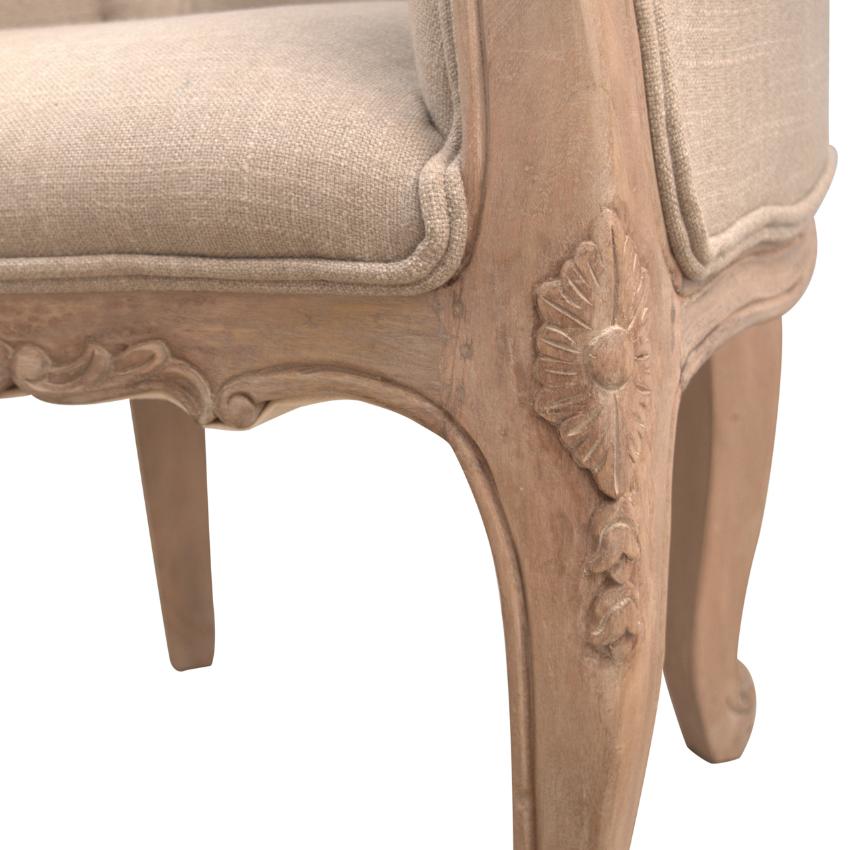 French Linen Accent Chair | Deep Button Tufting | Carved Mango Wood