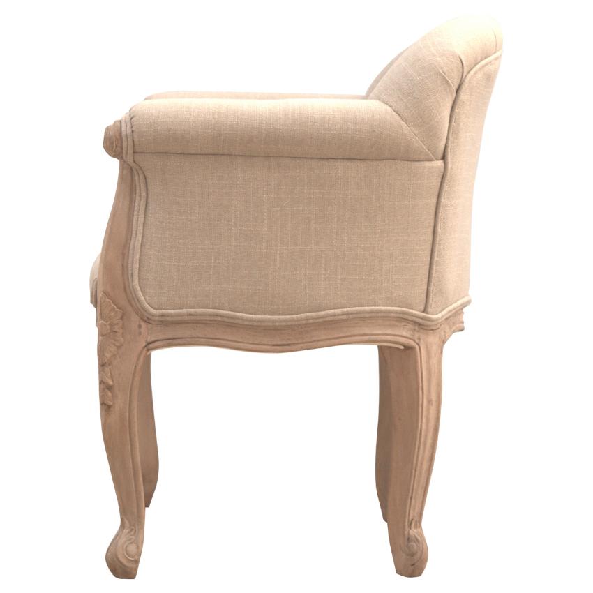 French Linen Accent Chair | Deep Button Tufting | Carved Mango Wood