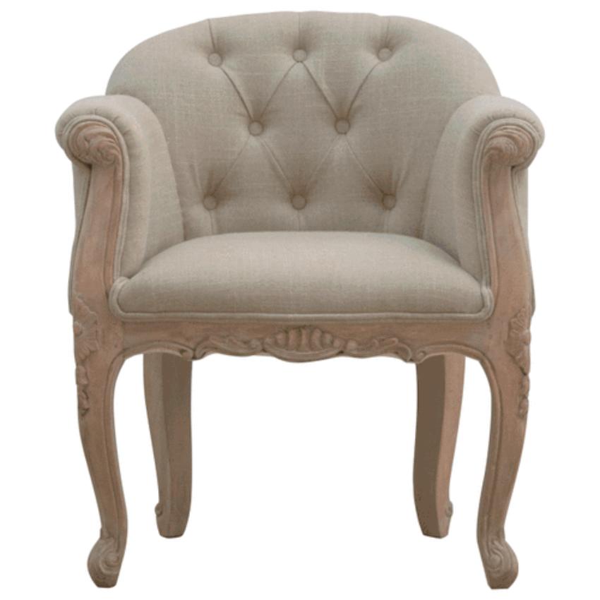French Linen Accent Chair | Deep Button Tufting | Carved Mango Wood