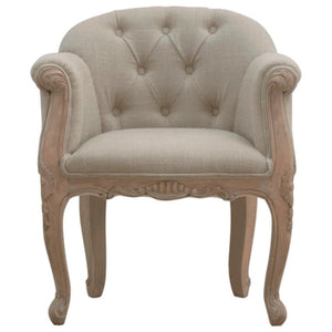 French Linen Accent Chair | Deep Button Tufting | Carved Mango Wood