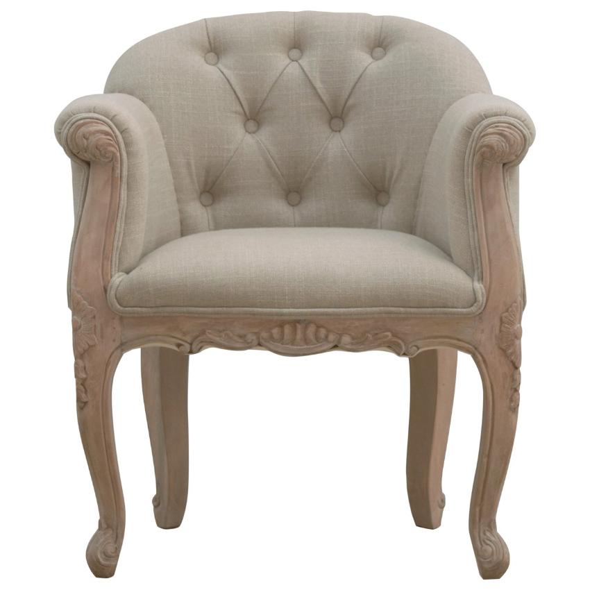 French Linen Accent Chair | Deep Button Tufting | Carved Mango Wood