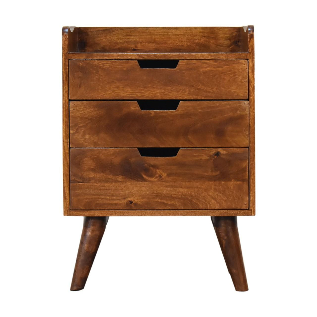 Gallery-Back Bedside Table | Chestnut Finish | Raised Edge Storage