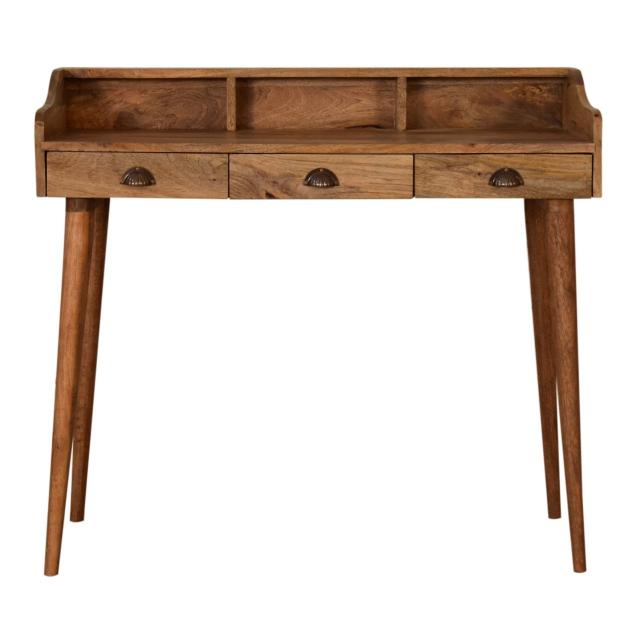 Gallery Back Cable Writing Desk | Solid Mango Wood | Oak Finish | 3 Drawers & 3 Slots