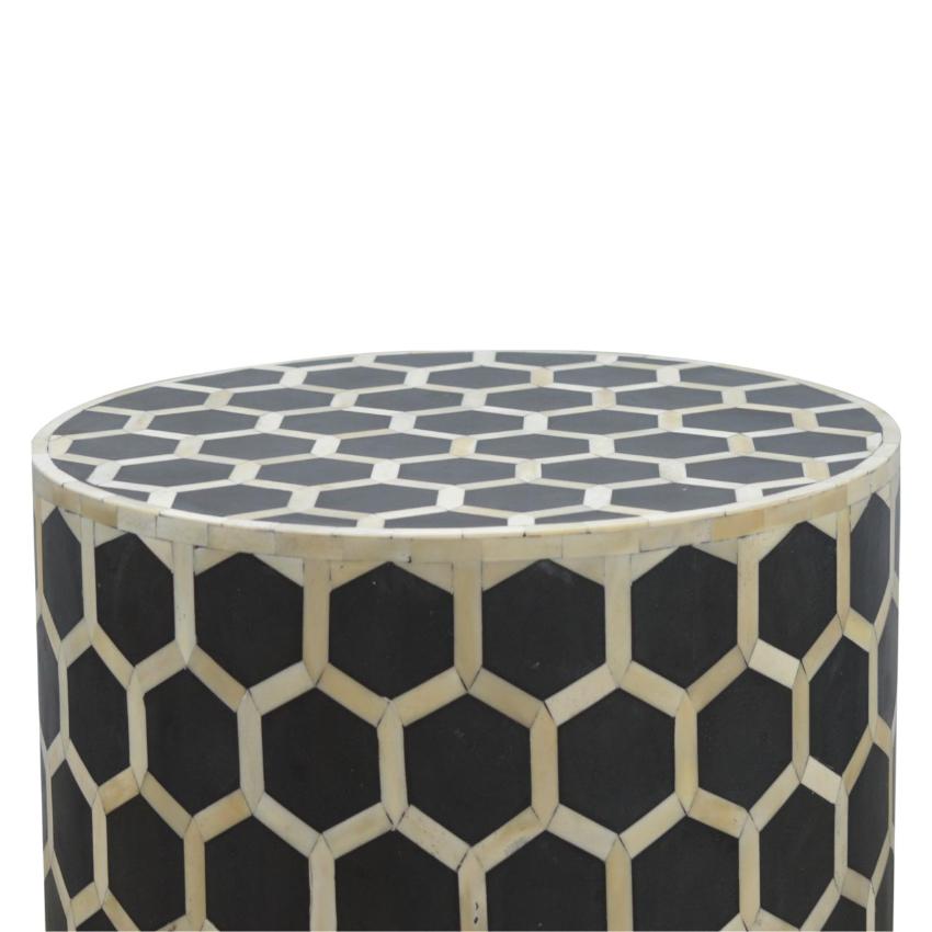 Geometric Bone Inlay Occasional Stool | Black & Natural | Drum Style