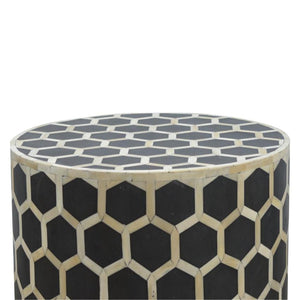 Geometric Bone Inlay Occasional Stool | Black & Natural | Drum Style