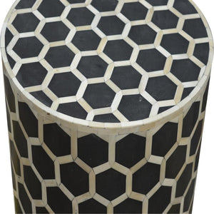 Geometric Bone Inlay Occasional Stool | Black & Natural | Drum Style