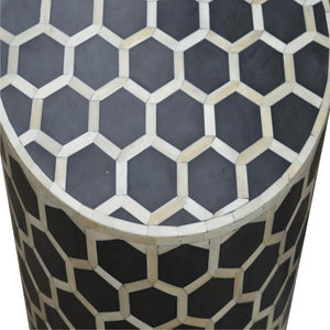Geometric Bone Inlay Occasional Stool | Black & Natural | Drum Style