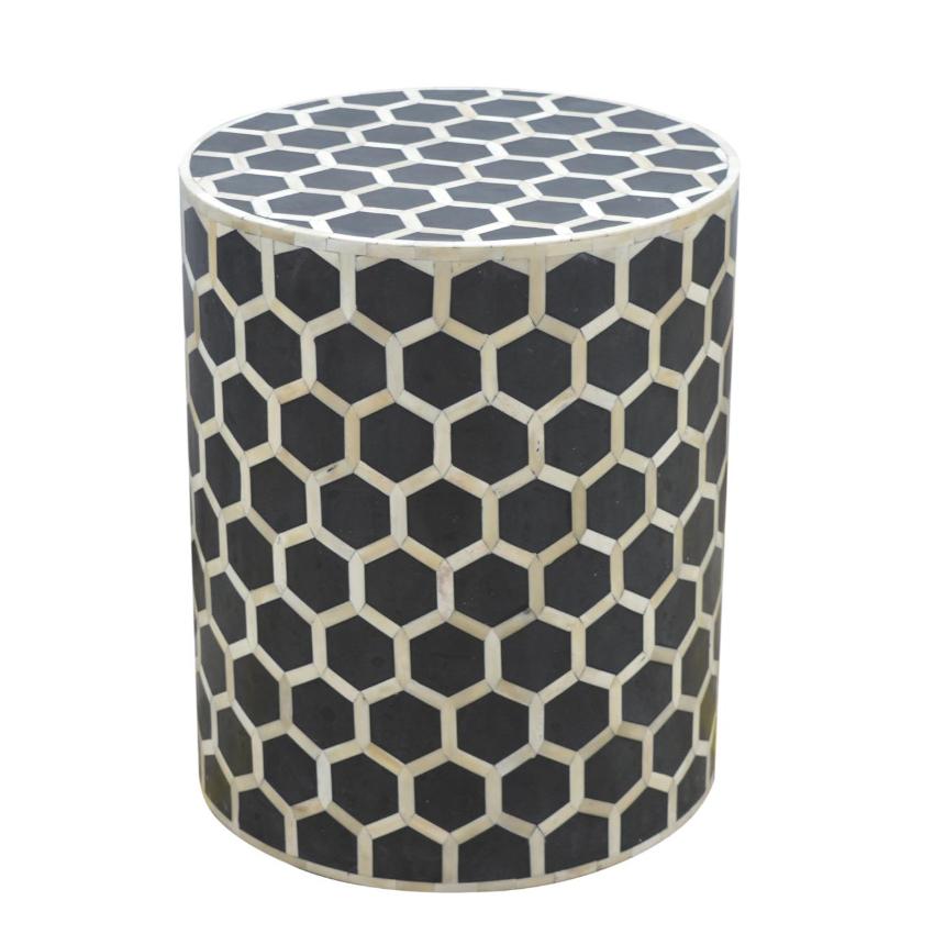 Geometric Bone Inlay Occasional Stool | Black & Natural | Drum Style