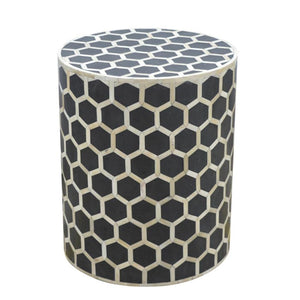 Geometric Bone Inlay Occasional Stool | Black & Natural | Drum Style