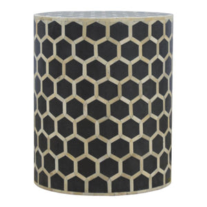 Geometric Bone Inlay Occasional Stool | Black & Natural | Drum Style