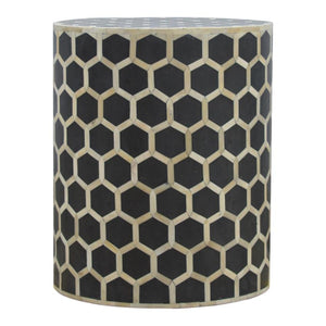 Geometric Bone Inlay Occasional Stool | Black & Natural | Drum Style