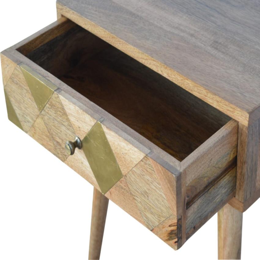 Geometric Brass Bedside Table | 1 Drawer | Solid Mango Wood