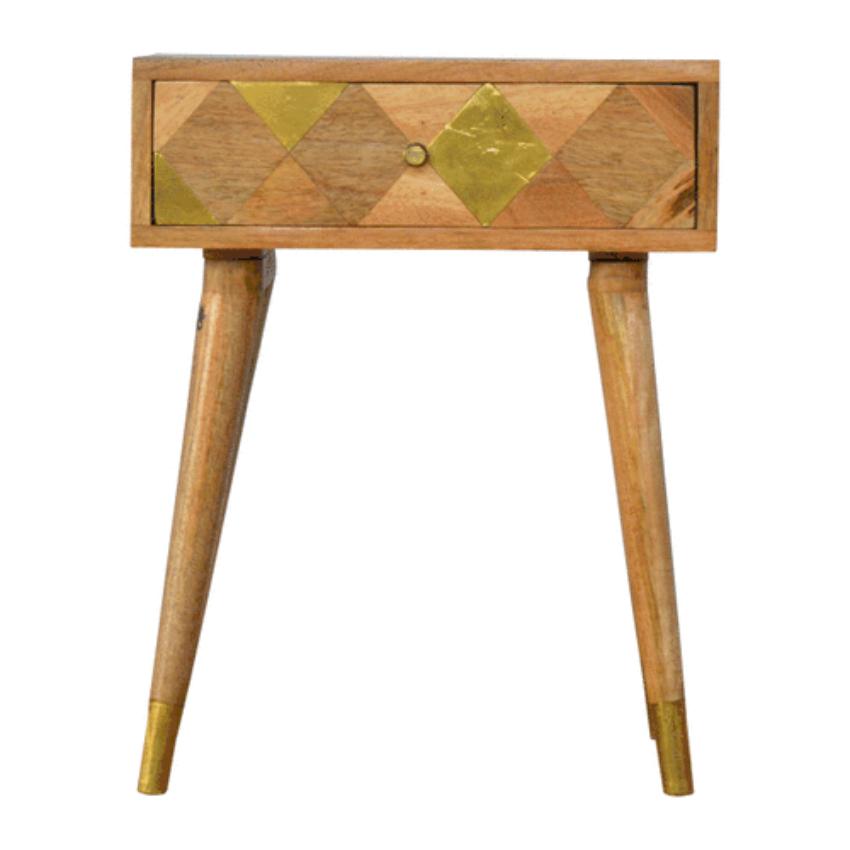 Geometric Brass Bedside Table | 1 Drawer | Solid Mango Wood