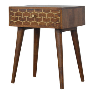 Gold Art Pattern Bedside Table | Brass Inlay Design | Solid Mango Wood Bedroom Furniture