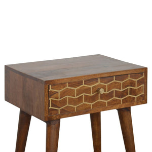 Gold Art Pattern Bedside Table | Brass Inlay Design | Solid Mango Wood Bedroom Furniture