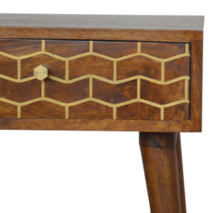 Gold Art Pattern Bedside Table | Brass Inlay Design | Solid Mango Wood Bedroom Furniture