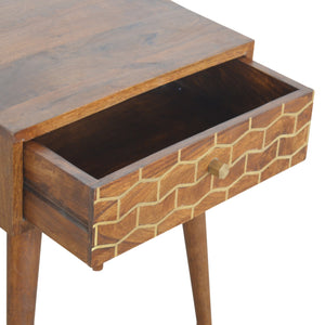 Gold Art Pattern Bedside Table | Brass Inlay Design | Solid Mango Wood Bedroom Furniture