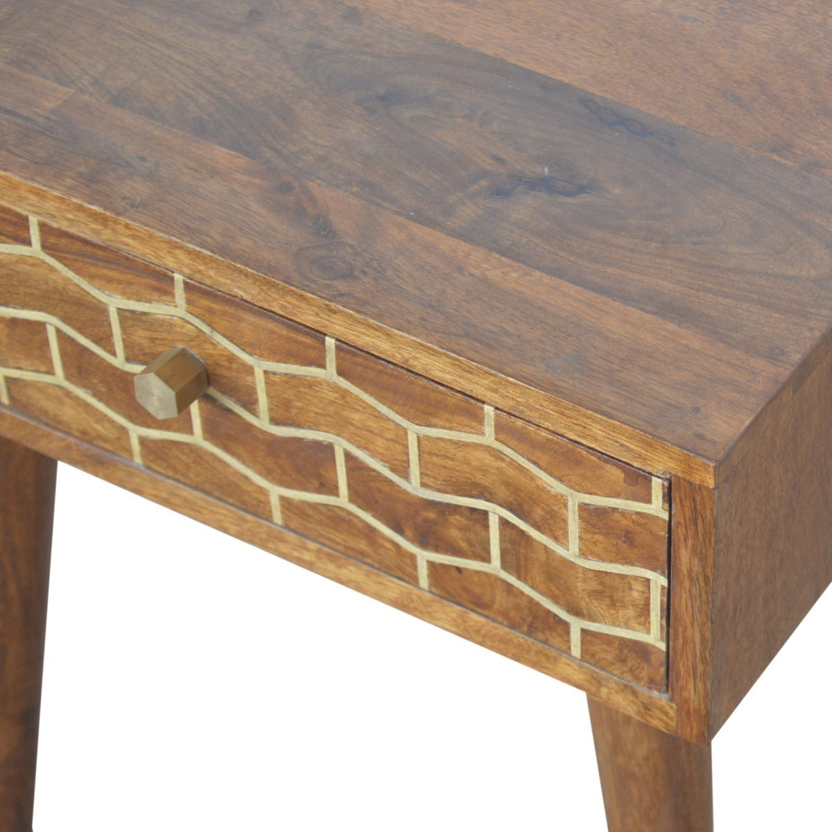 Gold Art Pattern Bedside Table | Brass Inlay Design | Solid Mango Wood Bedroom Furniture