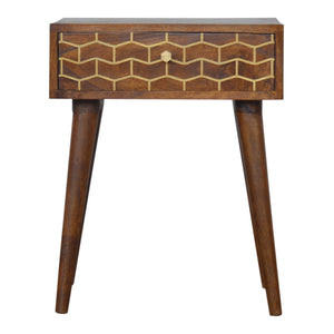 Gold Art Pattern Bedside Table | Brass Inlay Design | Solid Mango Wood Bedroom Furniture
