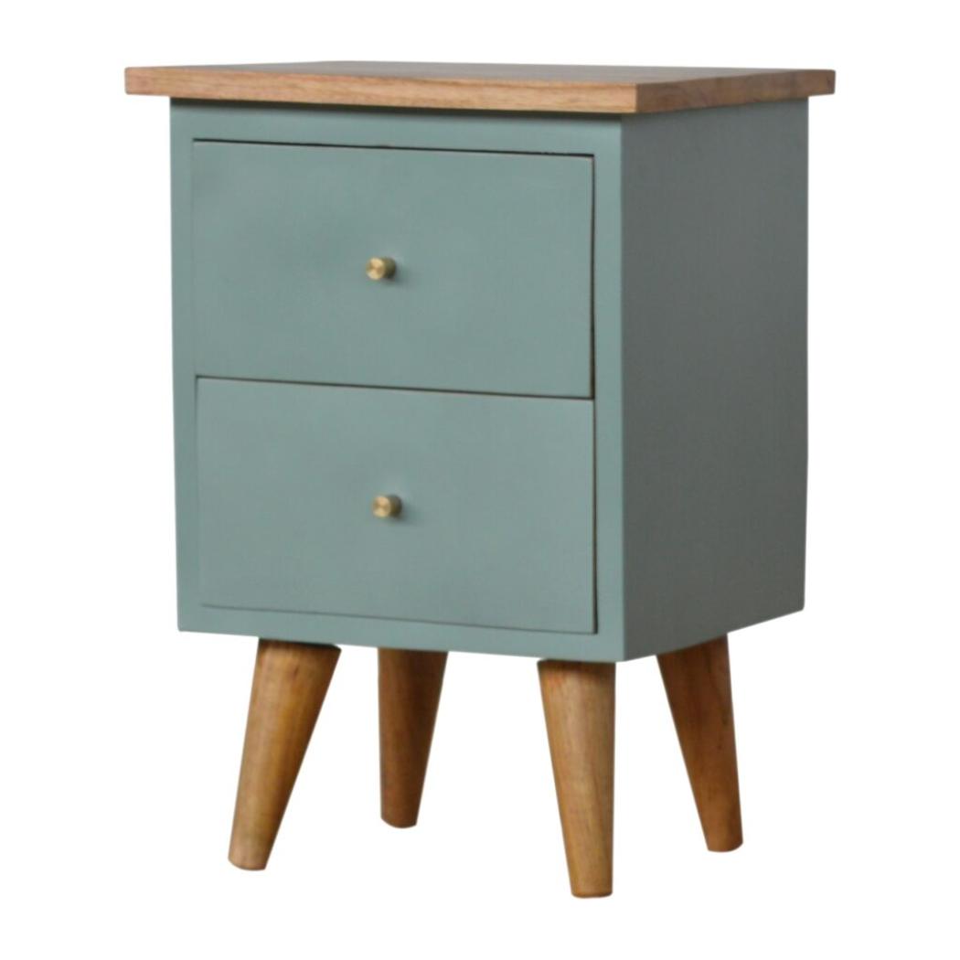 Green Hand-Painted Bedside Table | Solid Mango Wood | Artisan Pattern | Bedroom Storage
