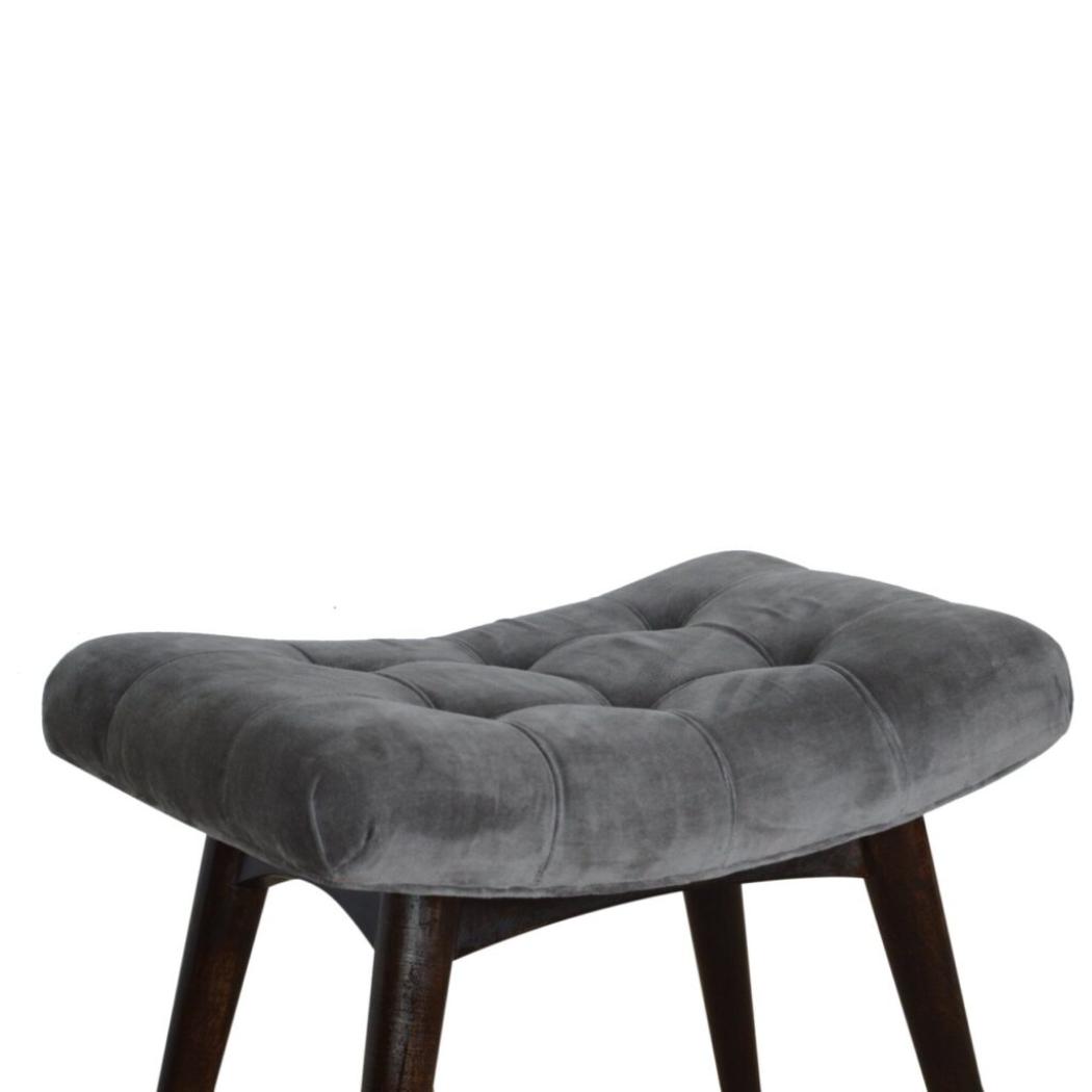 Grey Cotton Velvet Curved Bench | Upholstered Accent Seat | Bedroom & Hallway