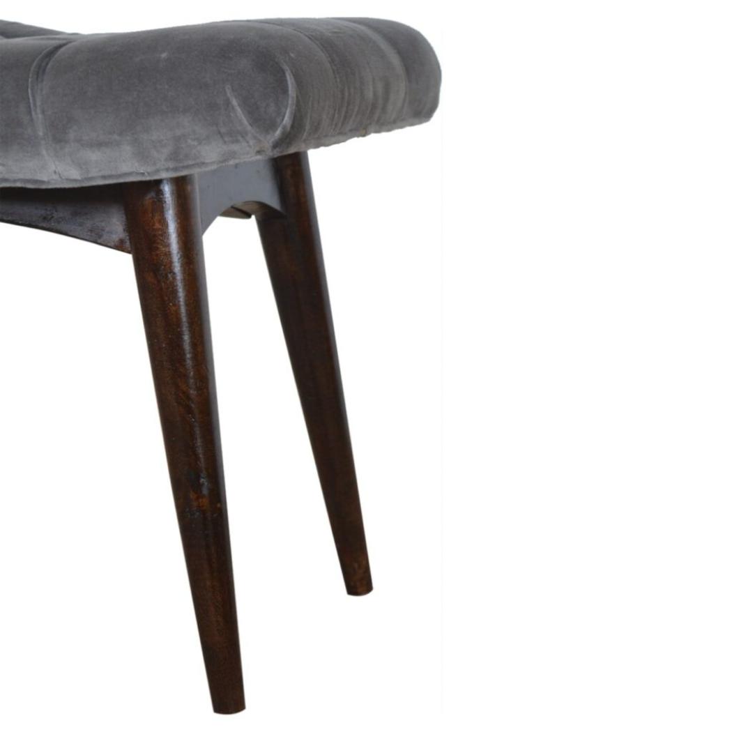 Grey Cotton Velvet Curved Bench | Upholstered Accent Seat | Bedroom & Hallway