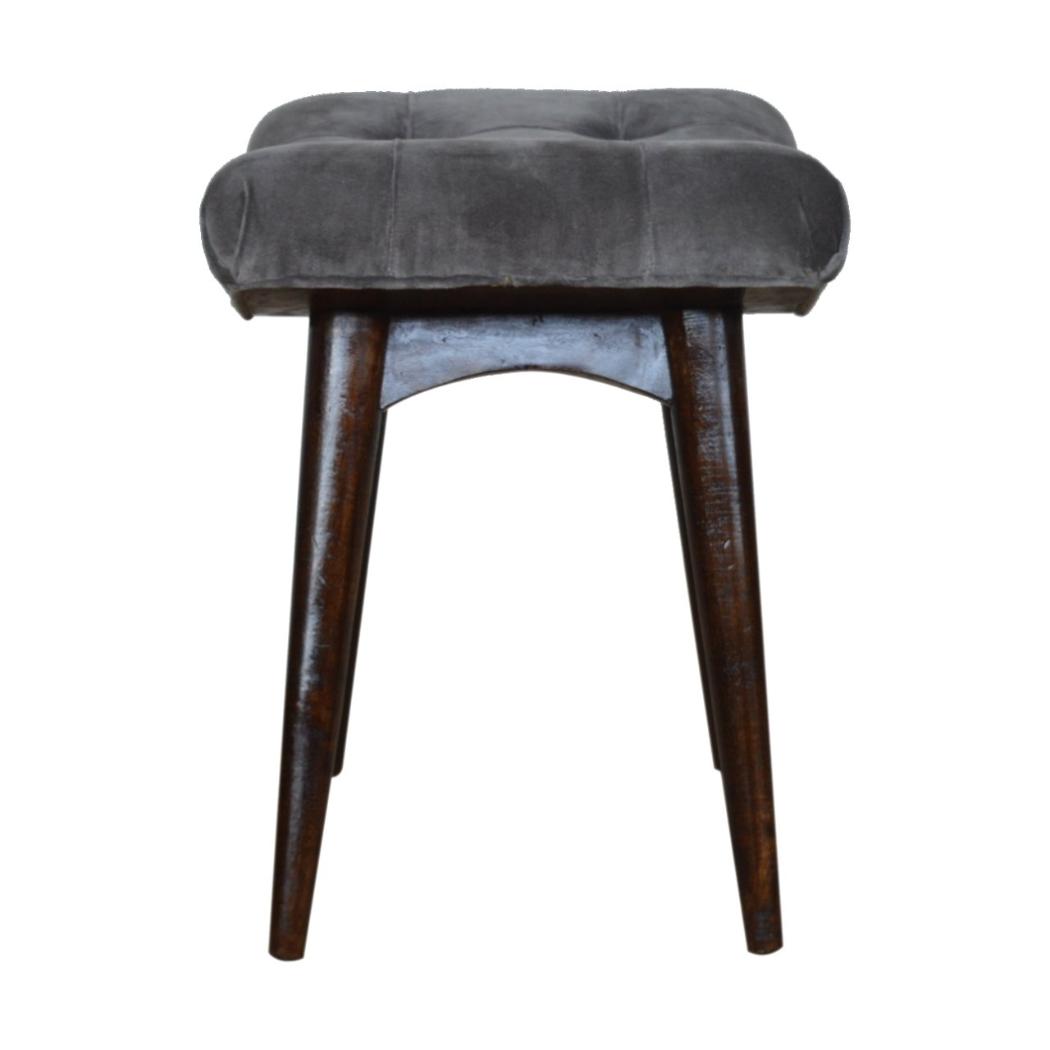 Grey Cotton Velvet Curved Bench | Upholstered Accent Seat | Bedroom & Hallway