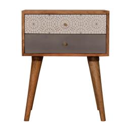 Grey Patterned Bedside Table | Solid Mango Wood | Oak Finish | 2 Drawers