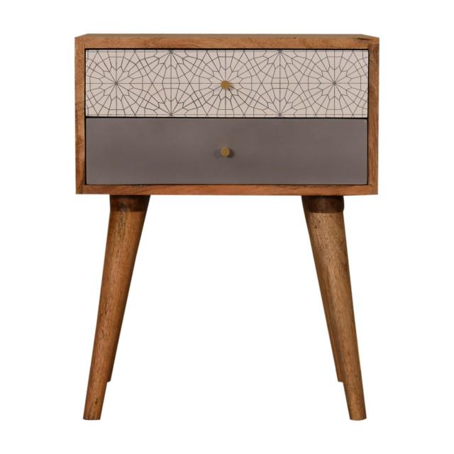 Grey Patterned Bedside Table | Solid Mango Wood | Oak Finish | 2 Drawers