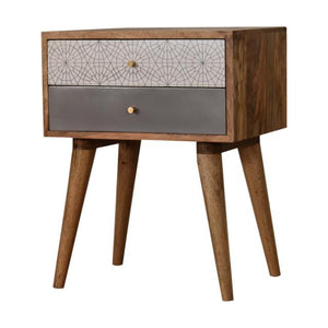 Grey Patterned Bedside Table | Solid Mango Wood | Oak Finish | 2 Drawers
